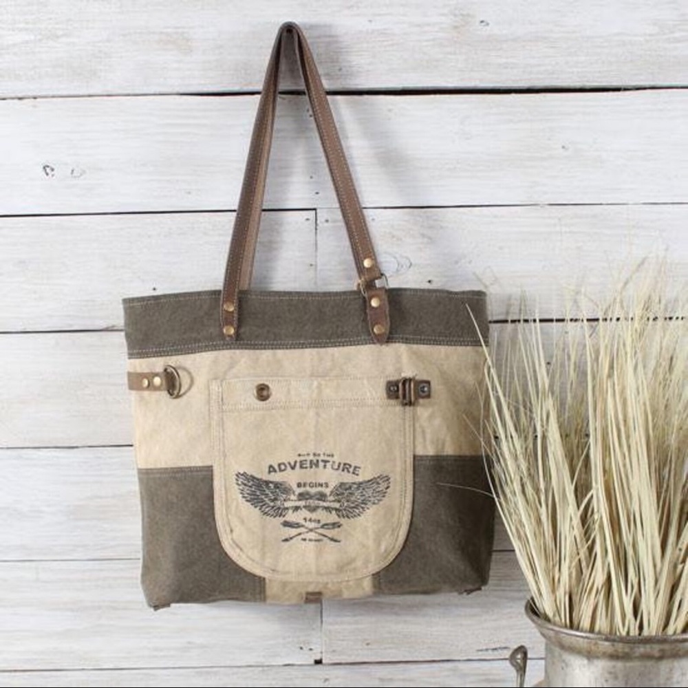 Myra Bag-LAST 1!! Adventure Begins Winged print canvas/leather up-cycled bag NWT